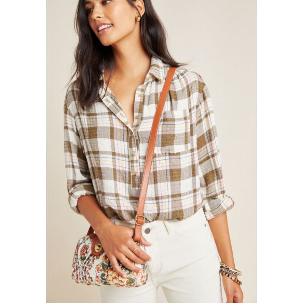 Anthropologie Women's Isadora Button-Back Tunic Top L Cream Brown Multi